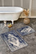 2'li Set Mavi Zeminde Türkmen Motifli Yöresel Desenli Eskitme Motifli Avangarde  2'li Banyo & Mutfak Paspas Takımı Realhomes