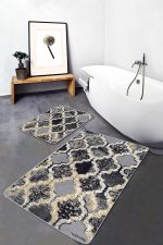 2'li Set Siyah - Gri Zeminde Morrocan Motifli Antik Desenli Geometrik Eskitme Motifli  2'li Banyo & Mutfak Paspas Takımı Realhomes
