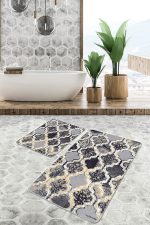 2'li Set Siyah - Gri Zeminde Morrocan Motifli Antik Desenli Geometrik Eskitme Motifli  2'li Banyo & Mutfak Paspas Takımı Realhomes