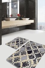 2'li Set Siyah - Gri Zeminde Morrocan Motifli Antik Desenli Geometrik Eskitme Motifli  2'li Banyo & Mutfak Paspas Takımı Realhomes
