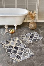 2'li Set Siyah - Gri Zeminde Morrocan Motifli Antik Desenli Geometrik Eskitme Motifli  2'li Banyo & Mutfak Paspas Takımı Realhomes