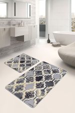 2'li Set Siyah - Gri Zeminde Morrocan Motifli Antik Desenli Geometrik Eskitme Motifli  2'li Banyo & Mutfak Paspas Takımı Realhomes