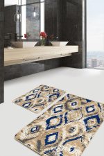 - PaspasTakimi-2li-Set778-Gorsel-1 - Realhomes 2'li Set Lacivert - Bej Zeminde İkat Motifli Vintage Desenli Geometrik Eskitme Motifli 2'li Banyo & Mutfak Paspas Takımı Realhomes
