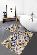 - PaspasTakimi-2li-Set778-Gorsel - Realhomes 2'li Set Lacivert - Bej Zeminde İkat Motifli Vintage Desenli Geometrik Eskitme Motifli 2'li Banyo & Mutfak Paspas Takımı Realhomes