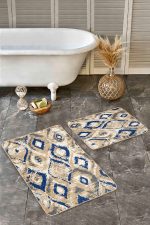 - Realhomes - Realhomes 2'li Set Lacivert - Bej Zeminde İkat Motifli Vintage Desenli Geometrik Eskitme Motifli 2'li Banyo & Mutfak Paspas Takımı Realhomes