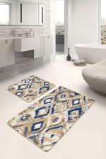 - PaspasTakimi-2li-Set778-Gorsel-4 - Realhomes 2'li Set Lacivert - Bej Zeminde İkat Motifli Vintage Desenli Geometrik Eskitme Motifli 2'li Banyo & Mutfak Paspas Takımı Realhomes