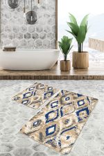 - PaspasTakimi-2li-Set778-Gorsel-5 - Realhomes 2'li Set Lacivert - Bej Zeminde İkat Motifli Vintage Desenli Geometrik Eskitme Motifli 2'li Banyo & Mutfak Paspas Takımı Realhomes