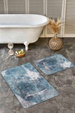 - Realhomes - Realhomes  2'li Set Mavi - Gri Zeminde Eskitme Motifli Retro Desenli Eskitme Motifli Vintage  2'li Banyo & Mutfak Paspas Takımı Realhomes