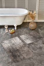 2'li Set Kahverengi Zeminde Eskitme Motifli Retro Desenli Eskitme Motifli Vintage  2'li Banyo & Mutfak Paspas Takımı Realhomes