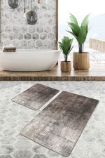 2'li Set Kahverengi Zeminde Eskitme Motifli Retro Desenli Eskitme Motifli Vintage  2'li Banyo & Mutfak Paspas Takımı Realhomes