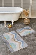 - Realhomes - Realhomes 2'li Set Gri Zeminde Geometrik Motifli Zikzak Desenli Geometrik Klasik 2'li Banyo & Mutfak Paspas Takımı Realhomes