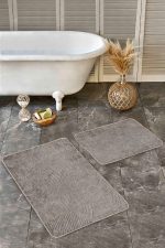 2'li Set Kahve Zeminde Geometrik Motifli Örgü Desenli Eskitme Motifli Geometrik  2'li Banyo & Mutfak Paspas Takımı Realhomes