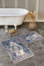 2'li Set Lacivert - Krem Zeminde Antik Motifli Geleneksel Desenli Etnik Motifler Geometrik  2'li Banyo & Mutfak Paspas Takımı Realhomes