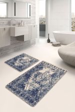 2'li Set Lacivert - Krem Zeminde Antik Motifli Geleneksel Desenli Etnik Motifler Geometrik  2'li Banyo & Mutfak Paspas Takımı Realhomes