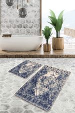 2'li Set Lacivert - Krem Zeminde Antik Motifli Geleneksel Desenli Etnik Motifler Geometrik  2'li Banyo & Mutfak Paspas Takımı Realhomes