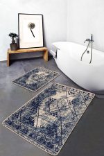 2'li Set Lacivert - Krem Zeminde Antik Motifli Geleneksel Desenli Etnik Motifler Geometrik  2'li Banyo & Mutfak Paspas Takımı Realhomes