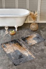 - Realhomes - Realhomes  2'li Set Siyah - Kahverengi Zeminde Eskitme Motifli Duvar Desenli Eskitme Motifli Vintage  2'li Banyo & Mutfak Paspas Takımı Realhomes