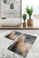 - PaspasTakimi-2li-Set786-Gorsel-4 - Realhomes  2'li Set Siyah - Kahverengi Zeminde Eskitme Motifli Duvar Desenli Eskitme Motifli Vintage  2'li Banyo & Mutfak Paspas Takımı Realhomes