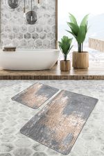 - PaspasTakimi-2li-Set787-Gorsel - Realhomes 2'li Set Gri - Bej Zeminde Eskitme Motifli Örgü Desenli Eskitme Motifli Vintage 2'li Banyo & Mutfak Paspas Takımı Realhomes