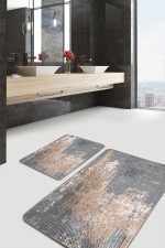 - PaspasTakimi-2li-Set787-Gorsel-2 - Realhomes 2'li Set Gri - Bej Zeminde Eskitme Motifli Örgü Desenli Eskitme Motifli Vintage 2'li Banyo & Mutfak Paspas Takımı Realhomes