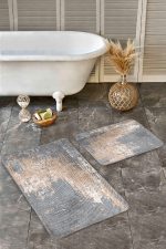 - Realhomes - Realhomes 2'li Set Gri - Bej Zeminde Eskitme Motifli Örgü Desenli Eskitme Motifli Vintage 2'li Banyo & Mutfak Paspas Takımı Realhomes