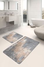 - PaspasTakimi-2li-Set787-Gorsel-5 - Realhomes 2'li Set Gri - Bej Zeminde Eskitme Motifli Örgü Desenli Eskitme Motifli Vintage 2'li Banyo & Mutfak Paspas Takımı Realhomes