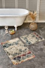 - Realhomes - Realhomes  2'li Set Krem Zeminde Morrocan Motifli Otantik Desenli Geometrik Eskitme Motifli  2'li Banyo & Mutfak Paspas Takımı Realhomes