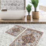 2'li Set Beyaz - Ekru Zeminde Örgü Motifli Kilim Desenli Geometrik Eskitme Motifli  2'li Banyo & Mutfak Paspas Takımı Realhomes