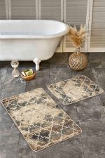 - Realhomes - Realhomes  2'li Set Krem Zeminde Morrocan Motifli Otantik Desenli Geometrik Eskitme Motifli  2'li Banyo & Mutfak Paspas Takımı Realhomes