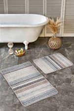 - Realhomes - Realhomes  2'li Set Krem - Siyah Zeminde Örgü Motifli Eskitme Desenli Geometrik Etnik Motifler  2'li Banyo & Mutfak Paspas Takımı Realhomes