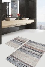 - PaspasTakimi-2li-Set793-Gorsel - Realhomes  2'li Set Krem - Siyah Zeminde Örgü Motifli Eskitme Desenli Geometrik Etnik Motifler  2'li Banyo & Mutfak Paspas Takımı Realhomes