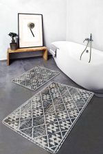 2'li Set Gri - Bej Zeminde Aztek Motifli Eskitme Desenli Geometrik Klasik  2'li Banyo & Mutfak Paspas Takımı Realhomes