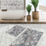 2'li Set Bej Zeminde Çerçeveli Motifli Geleneksel Desenli Geometrik Klasik  2'li Banyo & Mutfak Paspas Takımı Realhomes