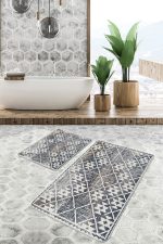 2'li Set Gri - Bej Zeminde Aztek Motifli Eskitme Desenli Geometrik Klasik  2'li Banyo & Mutfak Paspas Takımı Realhomes