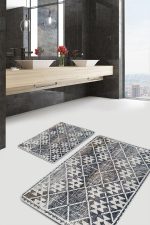 2'li Set Gri - Bej Zeminde Aztek Motifli Eskitme Desenli Geometrik Klasik  2'li Banyo & Mutfak Paspas Takımı Realhomes