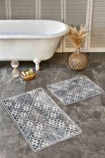 2'li Set Gri - Bej Zeminde Aztek Motifli Eskitme Desenli Geometrik Klasik  2'li Banyo & Mutfak Paspas Takımı Realhomes