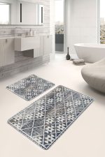 2'li Set Gri - Bej Zeminde Aztek Motifli Eskitme Desenli Geometrik Klasik  2'li Banyo & Mutfak Paspas Takımı Realhomes