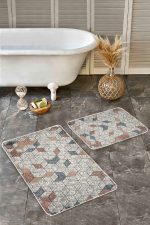 - Realhomes - Realhomes 2'li Set Antika Zeminde Mozaik Motifli Geometrik Desenli Geometrik Vintage 2'li Banyo & Mutfak Paspas Takımı Realhomes