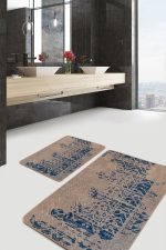 2'li Set Bej - Mavi Zeminde Otantik Motifli Kilim Desenli Eskitme Motifli Vintage  2'li Banyo & Mutfak Paspas Takımı Realhomes