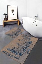2'li Set Bej - Mavi Zeminde Otantik Motifli Kilim Desenli Eskitme Motifli Vintage  2'li Banyo & Mutfak Paspas Takımı Realhomes