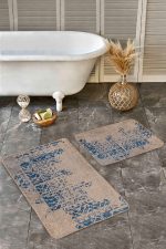 2'li Set Bej - Mavi Zeminde Otantik Motifli Kilim Desenli Eskitme Motifli Vintage  2'li Banyo & Mutfak Paspas Takımı Realhomes