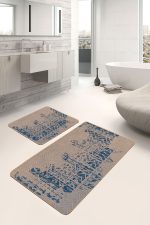 2'li Set Bej - Mavi Zeminde Otantik Motifli Kilim Desenli Eskitme Motifli Vintage  2'li Banyo & Mutfak Paspas Takımı Realhomes