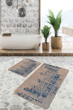 2'li Set Bej - Mavi Zeminde Otantik Motifli Kilim Desenli Eskitme Motifli Vintage  2'li Banyo & Mutfak Paspas Takımı Realhomes