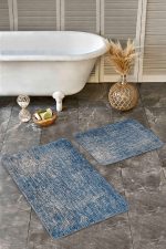 - Realhomes - Realhomes 2'li Set Mavi Zeminde Örme Motifli Eskitme Desenli Eskitme Motifli Klasik 2'li Banyo & Mutfak Paspas Takımı Realhomes