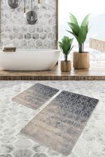 - PaspasTakimi-2li-Set805-Gorsel-1 - Realhomes  2'li Set Füme - Bej Zeminde Antik Motifli Dokuma Halı Desenli Eskitme Motifli Geometrik  2'li Banyo & Mutfak Paspas Takımı Realhomes