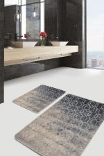 - PaspasTakimi-2li-Set805-Gorsel-4 - Realhomes  2'li Set Füme - Bej Zeminde Antik Motifli Dokuma Halı Desenli Eskitme Motifli Geometrik  2'li Banyo & Mutfak Paspas Takımı Realhomes