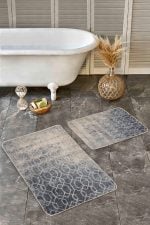 - Realhomes - Realhomes  2'li Set Füme - Bej Zeminde Antik Motifli Dokuma Halı Desenli Eskitme Motifli Geometrik  2'li Banyo & Mutfak Paspas Takımı Realhomes