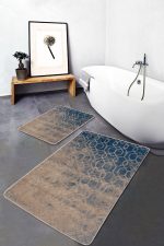 - PaspasTakimi-2li-Set806-Gorsel-1 - Realhomes 2'li Set Mavi - Bej Zeminde Antik Motifli Dokuma Halı Desenli Geometrik Eskitme Motifli 2'li Banyo & Mutfak Paspas Takımı Realhomes