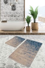 - PaspasTakimi-2li-Set806-Gorsel - Realhomes 2'li Set Mavi - Bej Zeminde Antik Motifli Dokuma Halı Desenli Geometrik Eskitme Motifli 2'li Banyo & Mutfak Paspas Takımı Realhomes