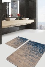 - PaspasTakimi-2li-Set806-Gorsel-2 - Realhomes 2'li Set Mavi - Bej Zeminde Antik Motifli Dokuma Halı Desenli Geometrik Eskitme Motifli 2'li Banyo & Mutfak Paspas Takımı Realhomes